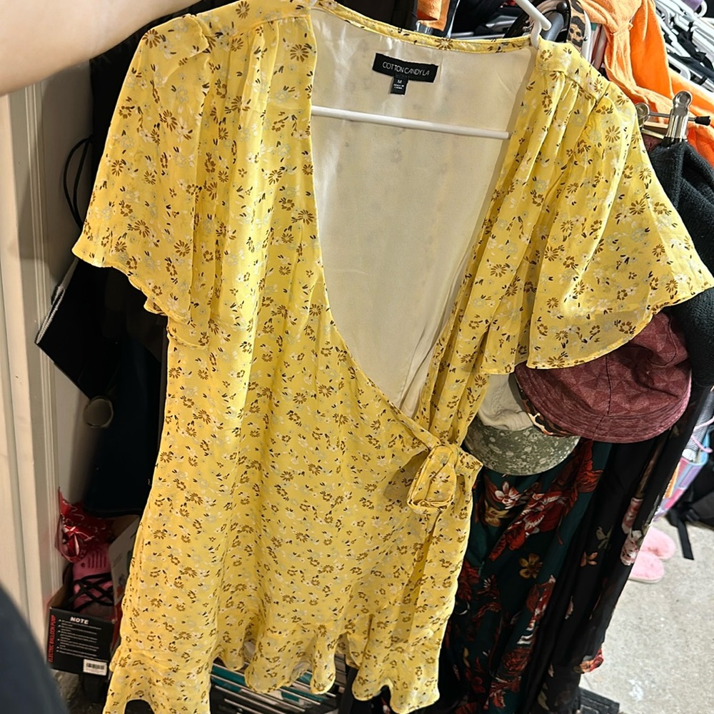 Yellow floral wrap dress